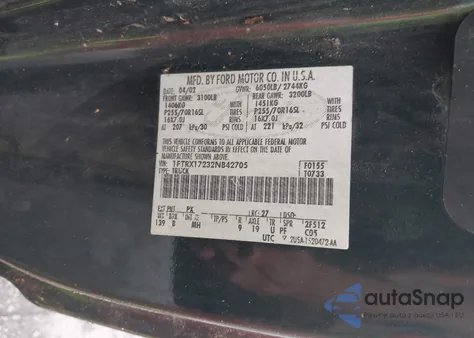 2002 Ford F-150 Xl/Xlt из США, поврежденный, VIN 1FTRX17232NB42705